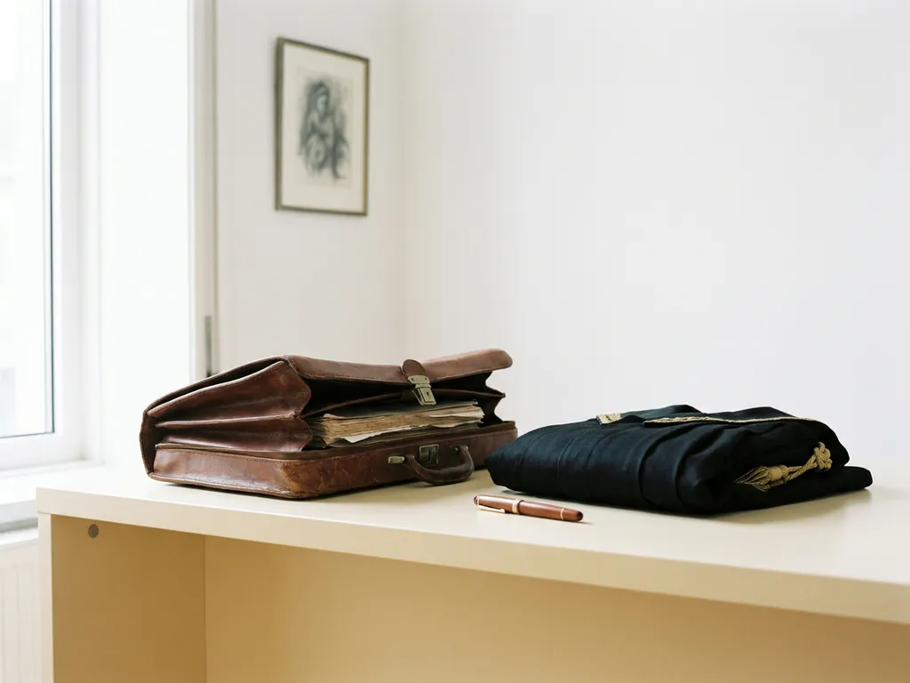 Aufgeklappte Ledertasche neben gefaltetem Anwaltsgewand und Füllfederhalter auf weißem Schreibtisch im natürlichen Tageslicht.