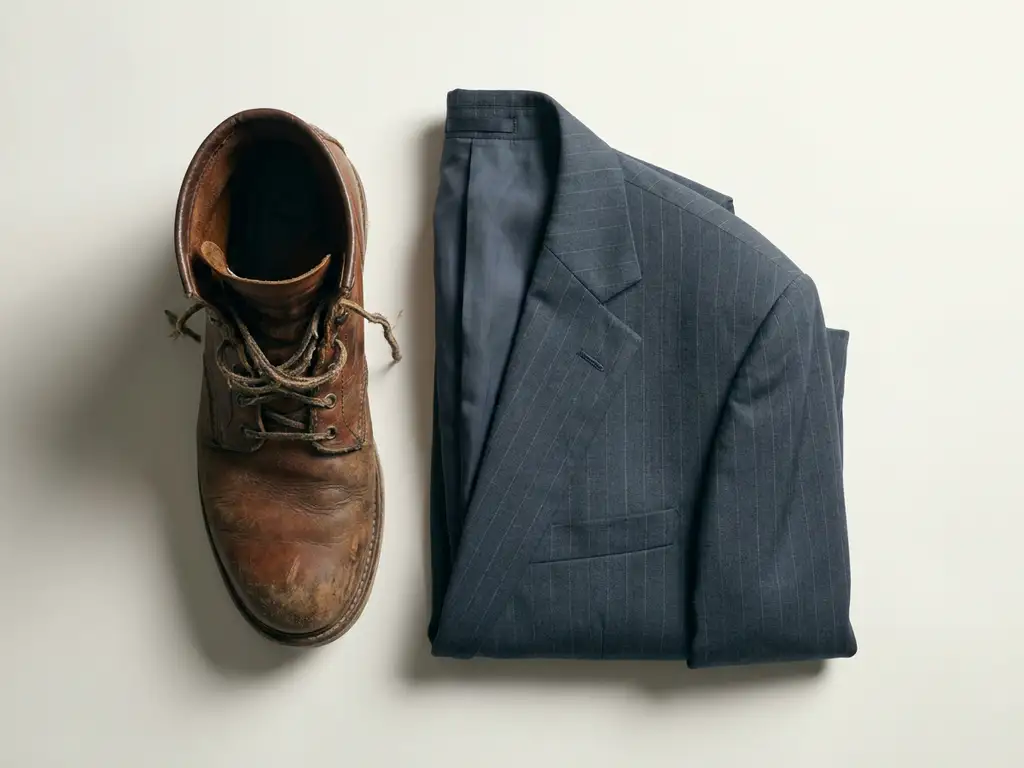 Abgenutzter Lederstiefel neben gefaltetem Sakko auf weißem Untergrund, symbolisiert Karrierewechsel, Draufsicht im minimalistischen Stil.