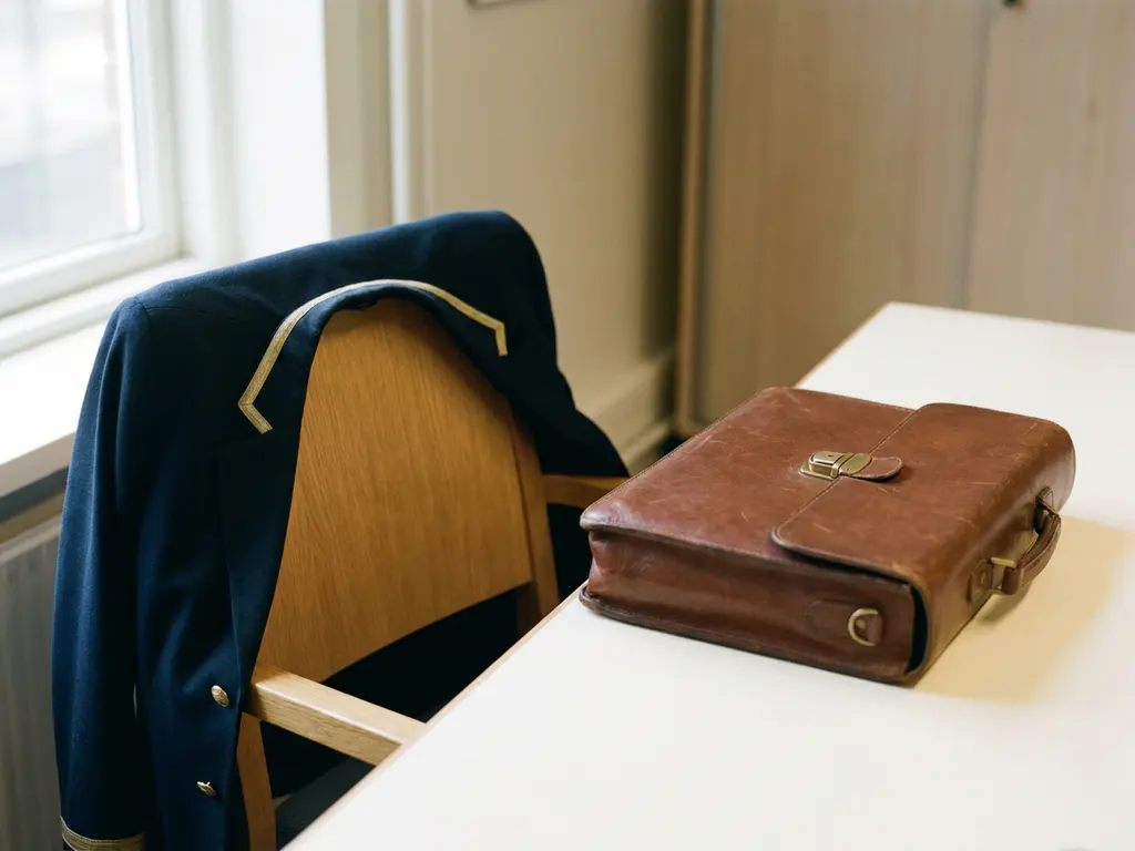 Formelle Beamtenjacke in Marineblau über einem Holzstuhl neben einem Leder-Aktenkoffer auf weißem Schreibtisch, natürliches Tageslicht.