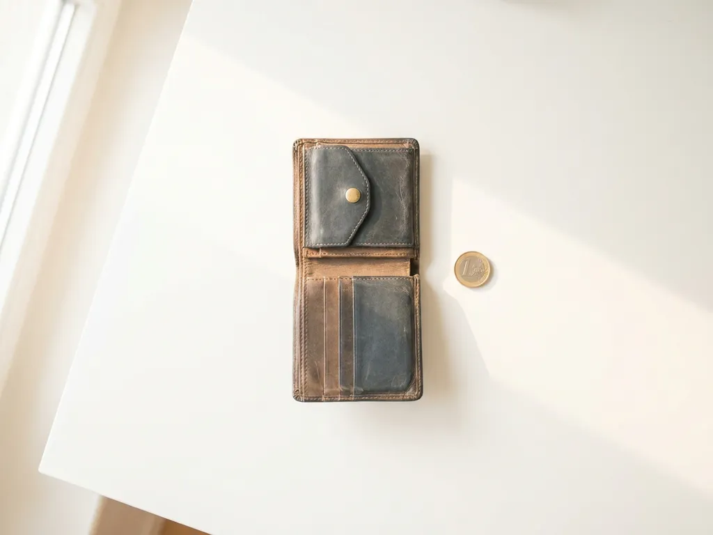 Abgenutztes Lederportemonnaie offen auf weißem Schreibtisch, daneben eine einzelne Euromünze im flachen Draufsicht-Stil.