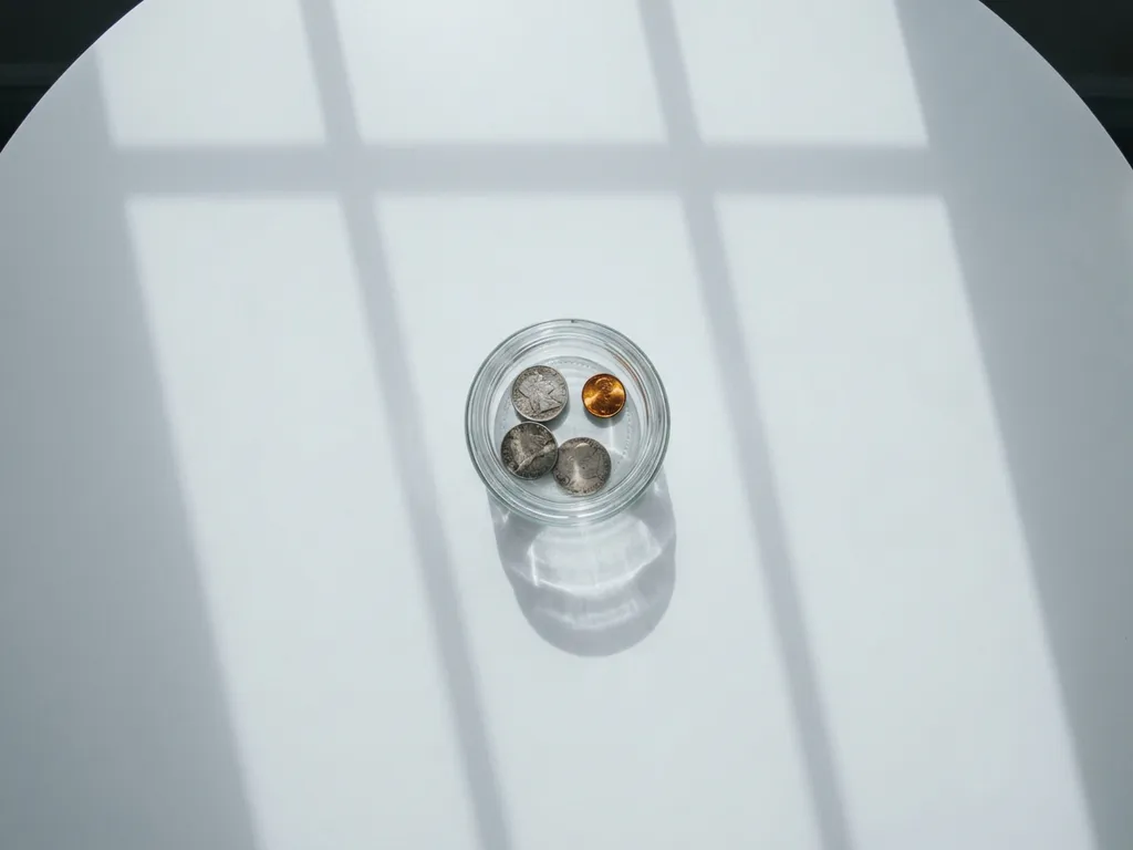Gläsernes Sparglas mit wenigen Münzen auf weißem Untergrund, symbolisiert finanzielle Knappheit.