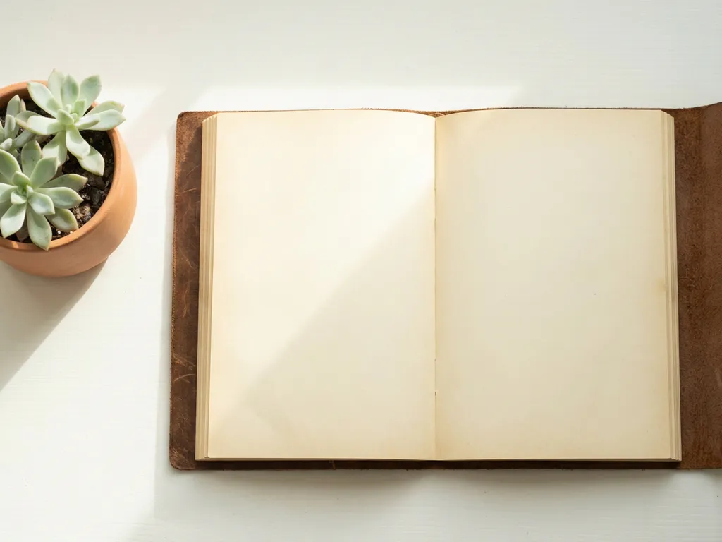 Aufgeschlagener Lederkalender auf weißem Schreibtisch mit kleiner Topfpflanze, weiches Seitenlicht, Draufsicht.