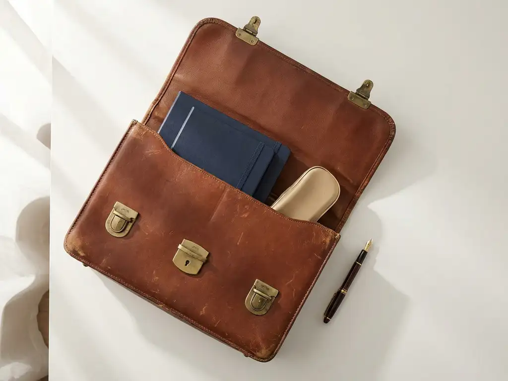 Aufgeklappte, abgenutzte Ledertasche mit Füllfederhalter auf weißem Schreibtisch, Draufsicht in warmem Nachmittagslicht.