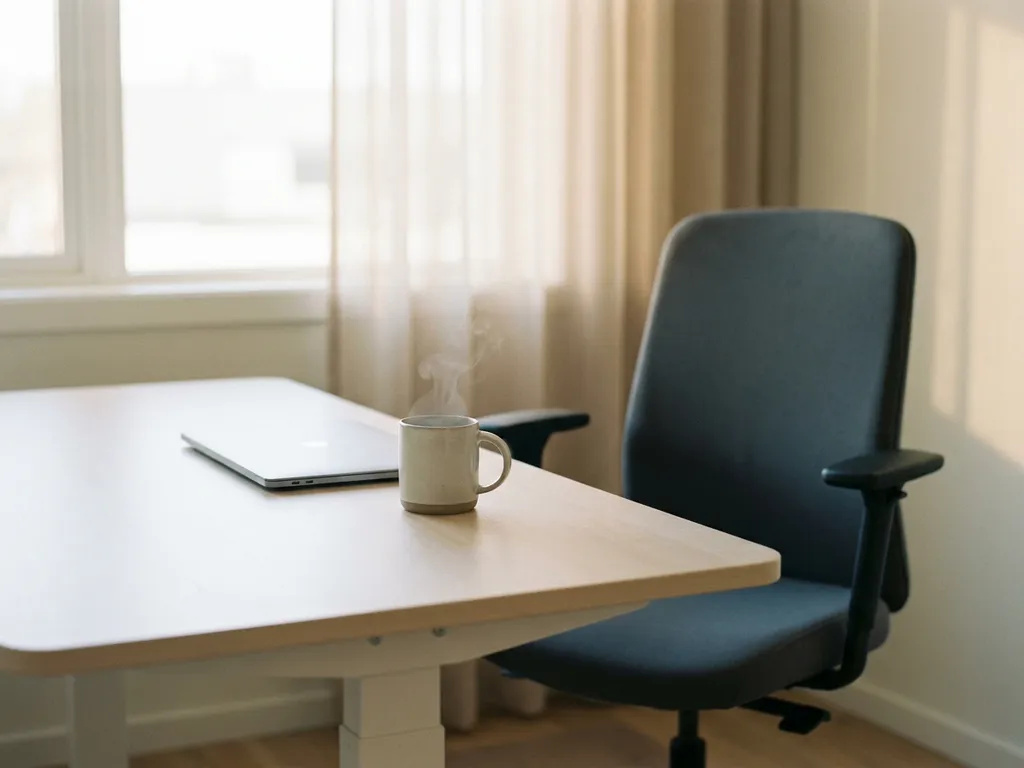 Verlassener Büroschreibtisch mit geschlossenem Laptop, dampfender Kaffeetasse und zurückgeschobenem Bürostuhl im warmen Tageslicht.