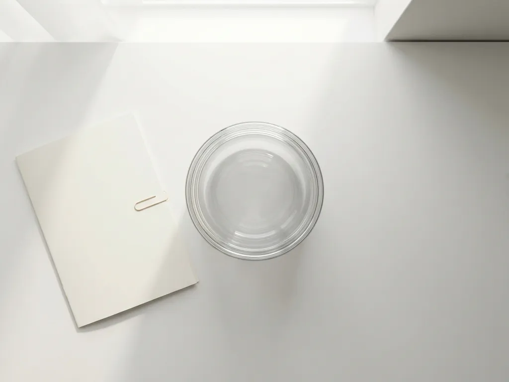 Leeres Glasgefäß neben gefaltetem Dokument auf weißem Schreibtisch, minimalistisches Flatlay in Weiß, Grau und Goldtönen.
