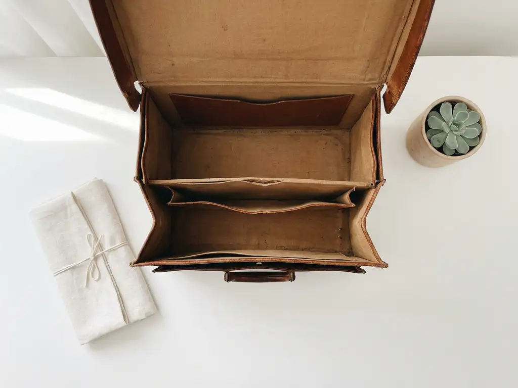 Aufgeklappte Ledertasche neben gefaltetem Dokument und kleinem Sukkulenten-Topf auf weißem Schreibtisch, symbolisiert den Übergang in den Ruhestand.