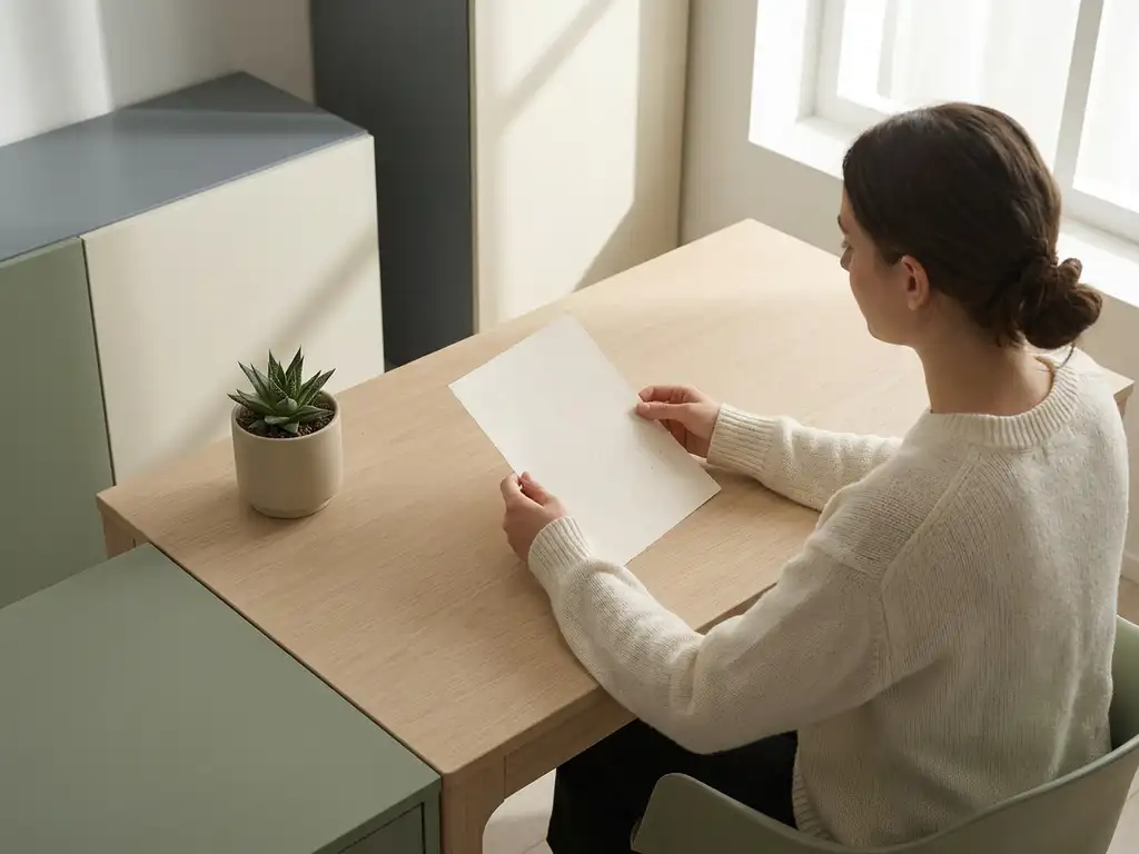 Person liest ein Dokument an einem aufgeräumten Schreibtisch mit kleiner Grünpflanze im hellen Homeoffice mit natürlichem Fensterlicht.