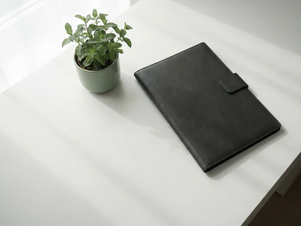 Geschlossene Ledermappe auf weißem Schreibtisch neben kleiner grüner Topfpflanze, minimalistisches Flat-Lay mit natürlichem Licht.