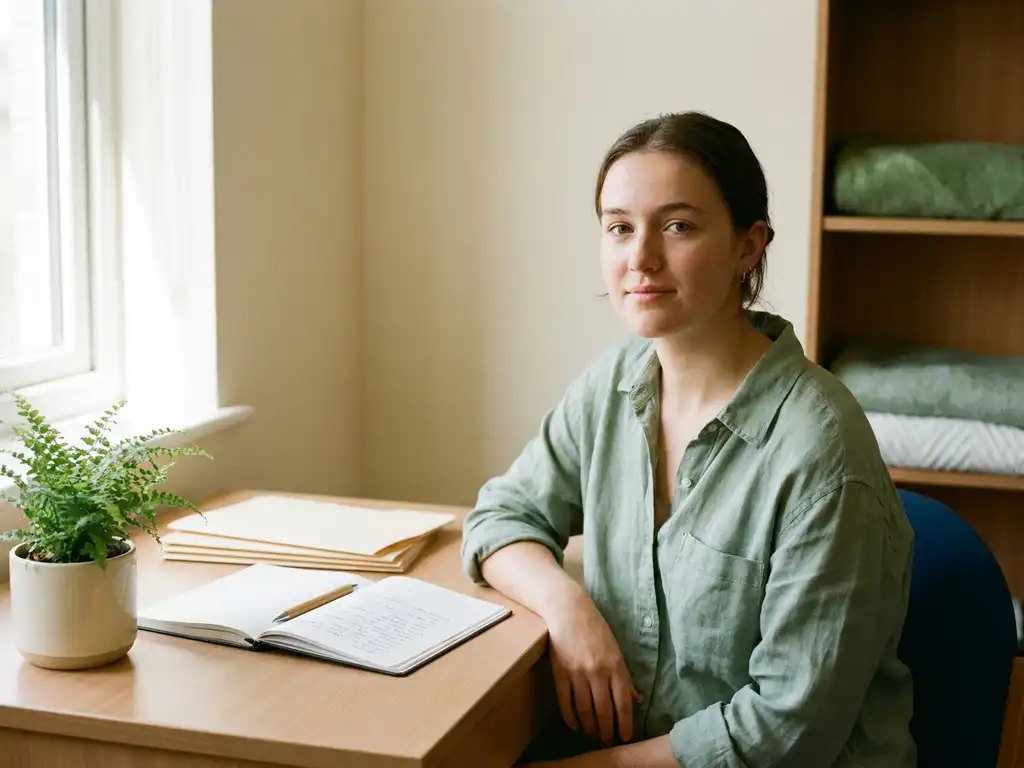 Junger Student am aufgeräumten Holzschreibtisch mit offenem Notizbuch, Stift und Dokumenten im warmen Fensterlicht.