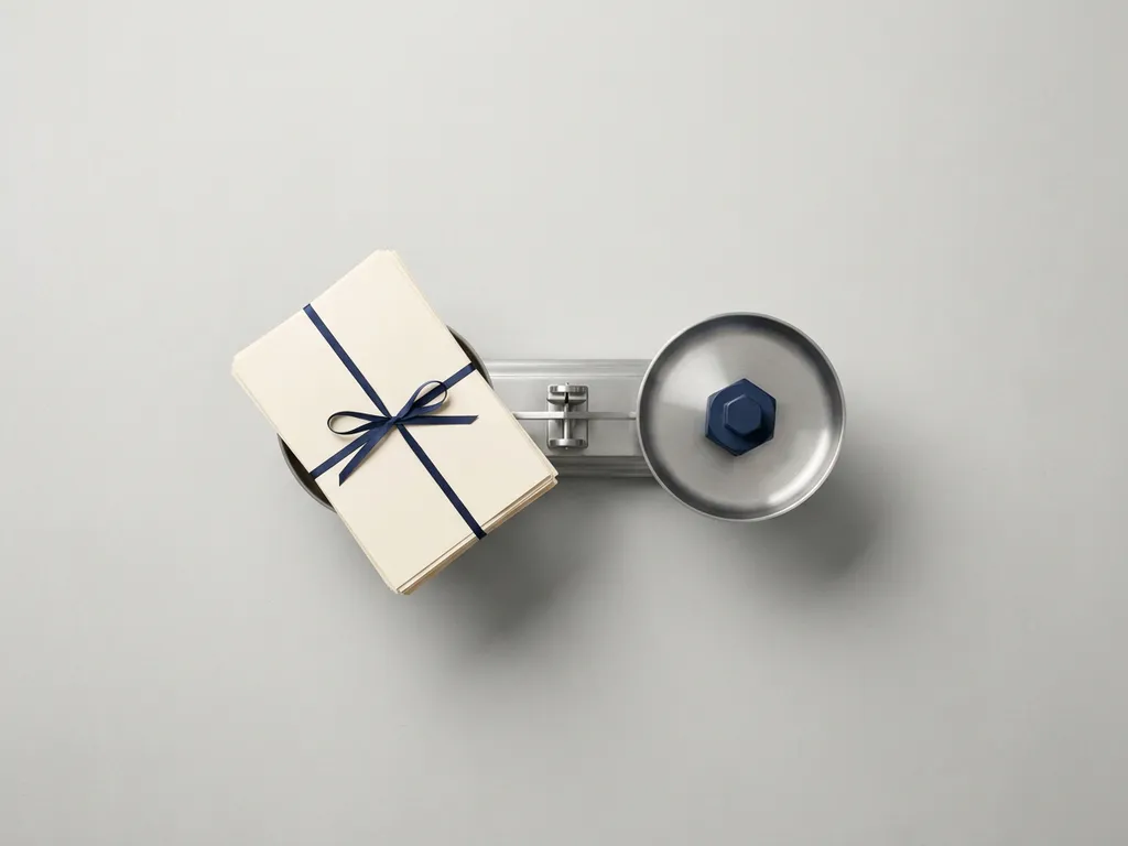 Präzise Balkenwaage mit halbem Dokumentenstapel auf hellgrauem Schreibtisch, minimalistisches Flat-Lay in Silber und Elfenbein.