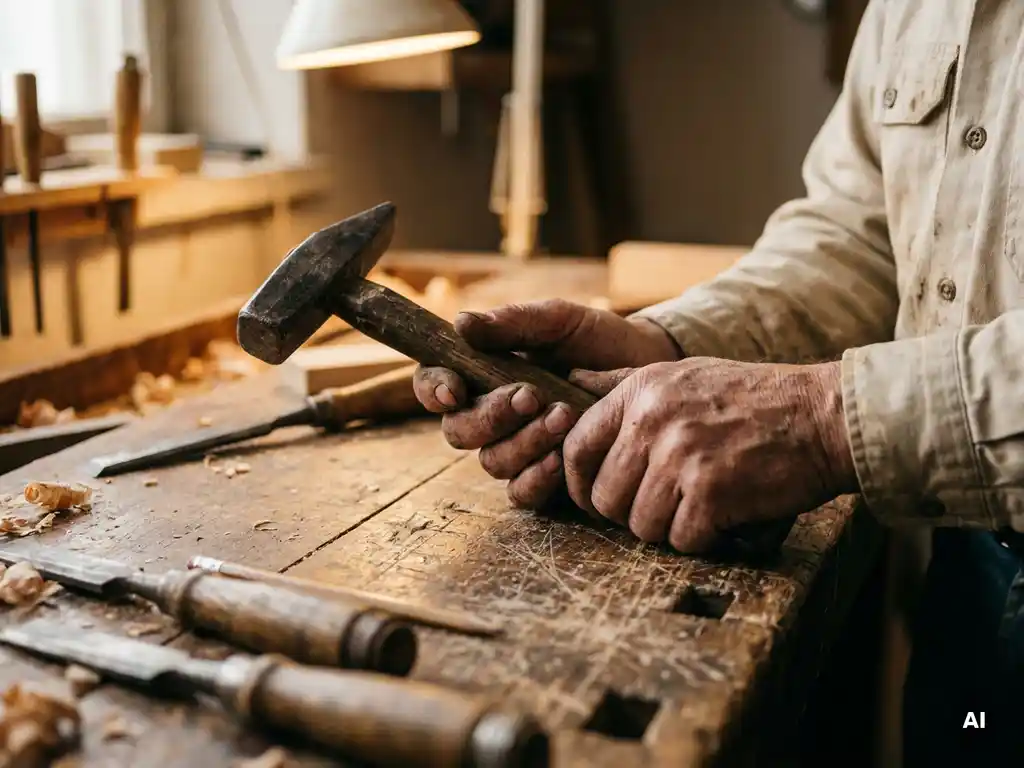 Verwitterte Hände eines Handwerkers umgreifen einen Holzhammer auf einer Werkbank, umgeben von Werkzeug und Sägemehl im warmen Werkstattlicht.