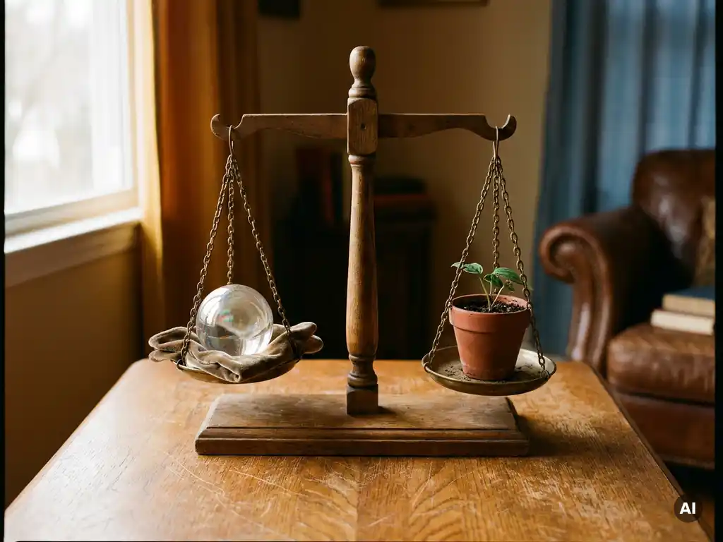 Verwitterte Holzwaage auf Eichentisch, eine Seite mit Glasorb, andere mit wachsender Pflanze – Balance zwischen Schutz und Ersparnis.