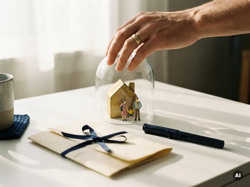 Hand schützt Miniaturhaus und Familienfiguren unter Glasglocke, Dokument und Füllfederhalter daneben, warmes Licht.
