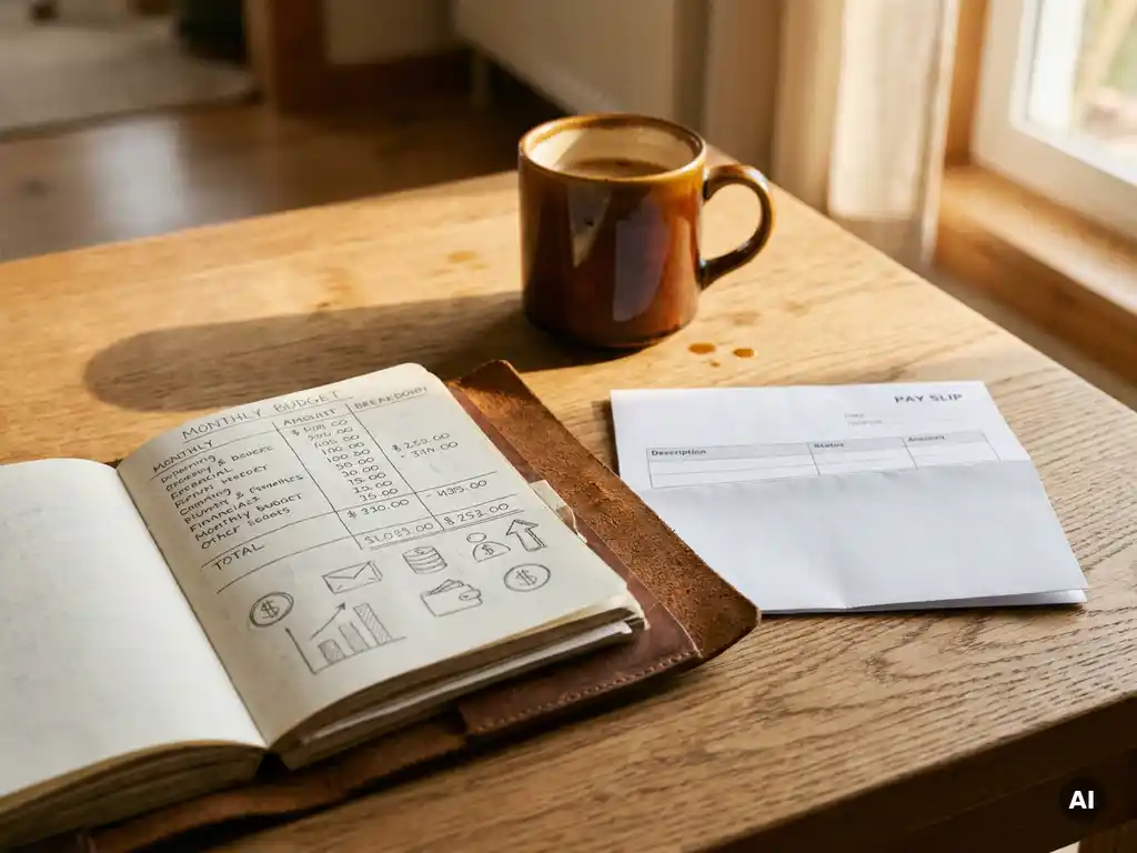 Aufgeschlagenes Ledernotebook mit Budgetübersicht und Gehaltsabrechnung auf Eichentisch, Kaffeetasse im warmen Morgenlicht.