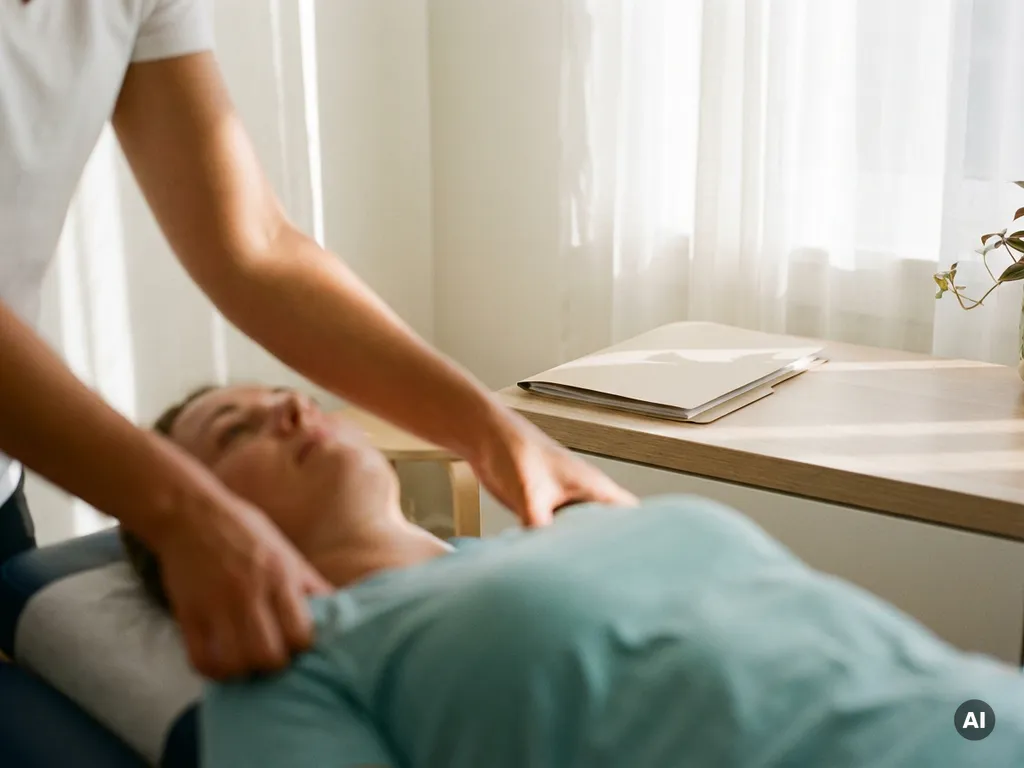Physiotherapeut behandelt Schulter eines Patienten in hellem Therapieraum, Dokumentenmappe auf Behandlungsliege im Hintergrund.